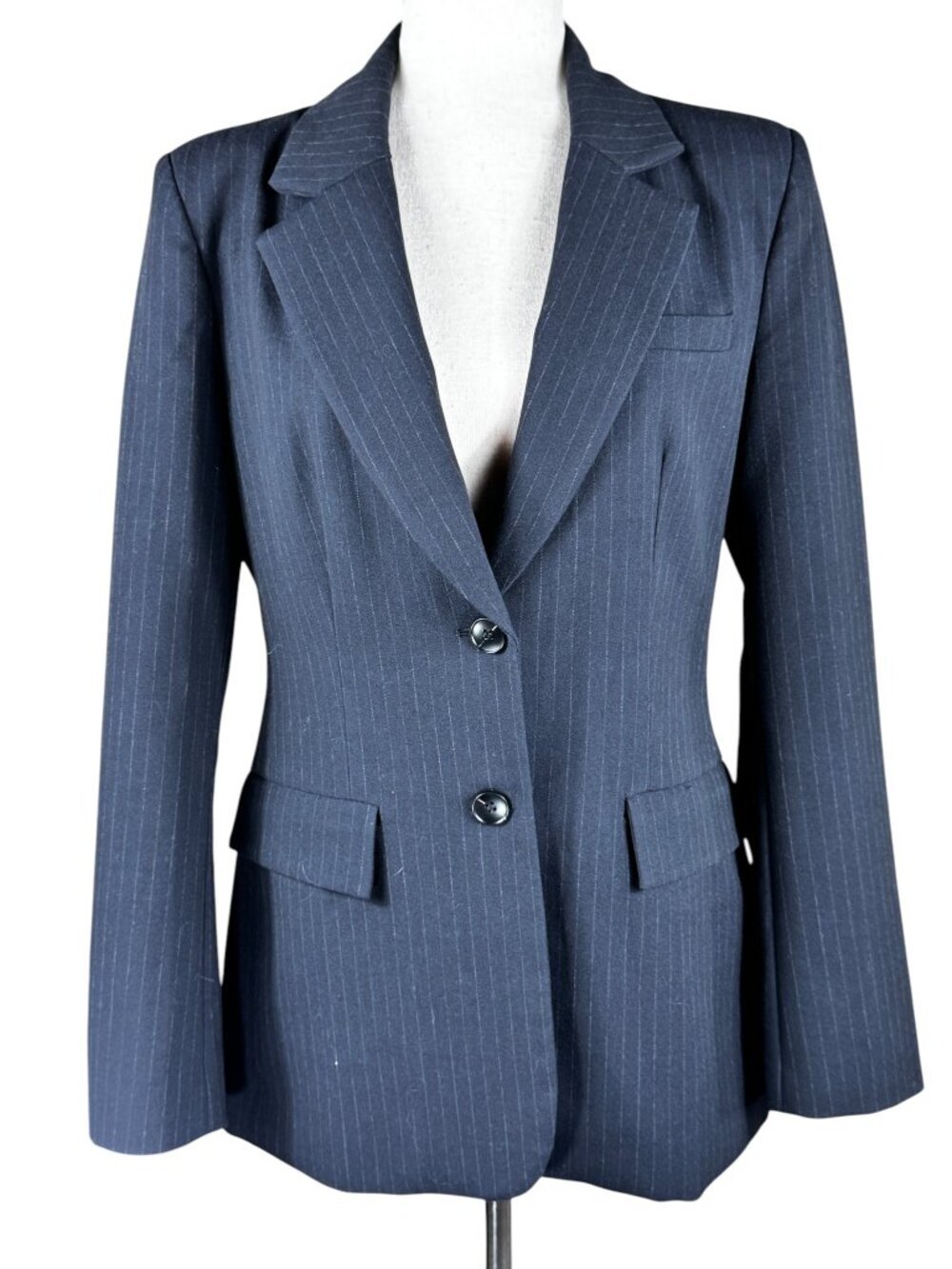 ZARA Navy Blue Pinstriped Structured Blazer Size Medium - Picture 2 of 7